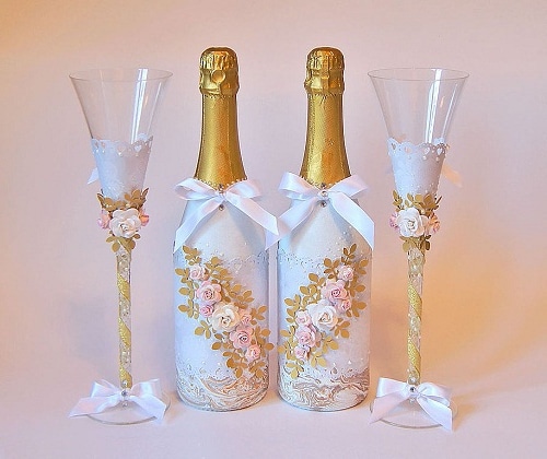 Декор бутылок шампанского на свадьбу: Пошаговое оформление на фото